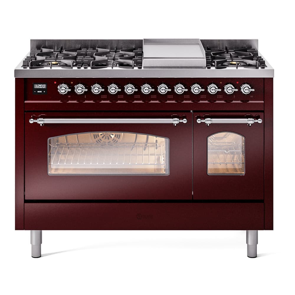 Nostalgie II 48 UP48FNMPBUC Freestanding Dual Fuel Range with 8 Sealed Burners with Griddle Double Oven with Triple Glass Door with Chrome knobs