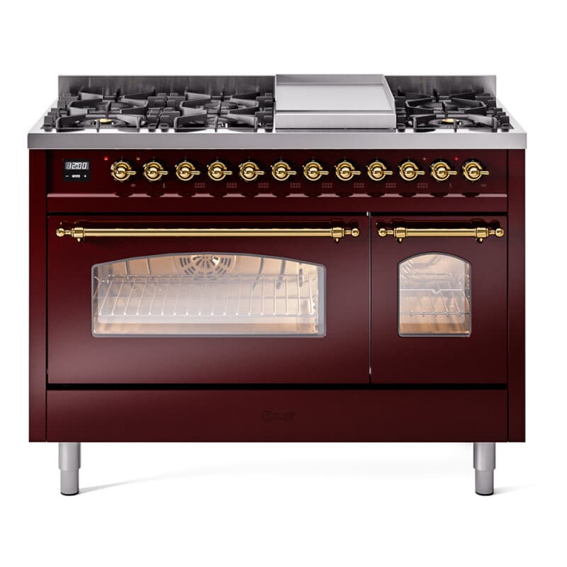 Nostalgie II 48 UP48FNMPBUG Freestanding Dual Fuel Range with 8 Sealed Burners with Griddle Double Oven with Triple Glass Door with Brass knobs