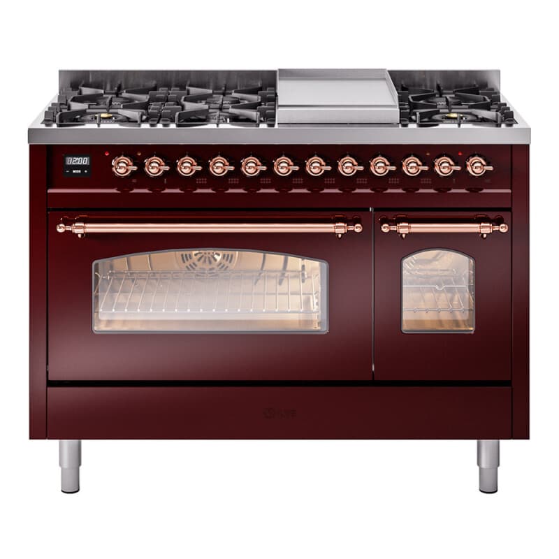 Nostalgie II 48 UP48FNMPBUP Freestanding Dual Fuel Range with 8 Sealed Burners with Griddle Double Oven with Triple Glass Door with Copper knobs