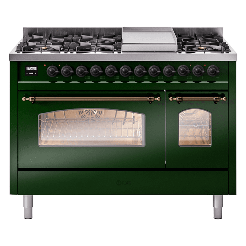 Nostalgie II 48 UP48FNMPEGB Freestanding Dual Fuel Range with 8 Sealed Burners with Griddle Double Oven with Triple Glass Door with Bronze knobs