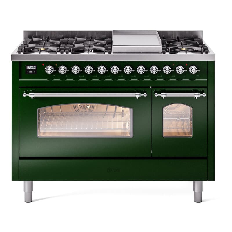 Nostalgie II 48 UP48FNMPEGC Freestanding Dual Fuel Range with 8 Sealed Burners with Griddle Double Oven with Triple Glass Door with Chrome knobs