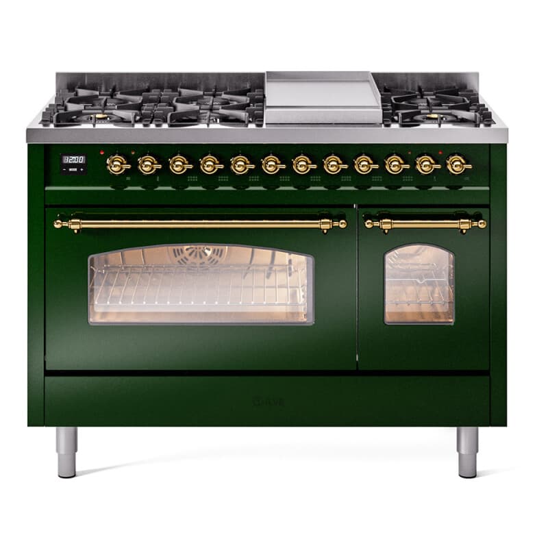 Nostalgie II 48 UP48FNMPEGG Freestanding Dual Fuel Range with 8 Sealed Burners with Griddle Double Oven with Triple Glass Door with Brass knobs