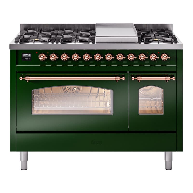 Nostalgie II 48 UP48FNMPEGP Freestanding Dual Fuel Range with 8 Sealed Burners with Griddle Double Oven with Triple Glass Door with Copper knobs