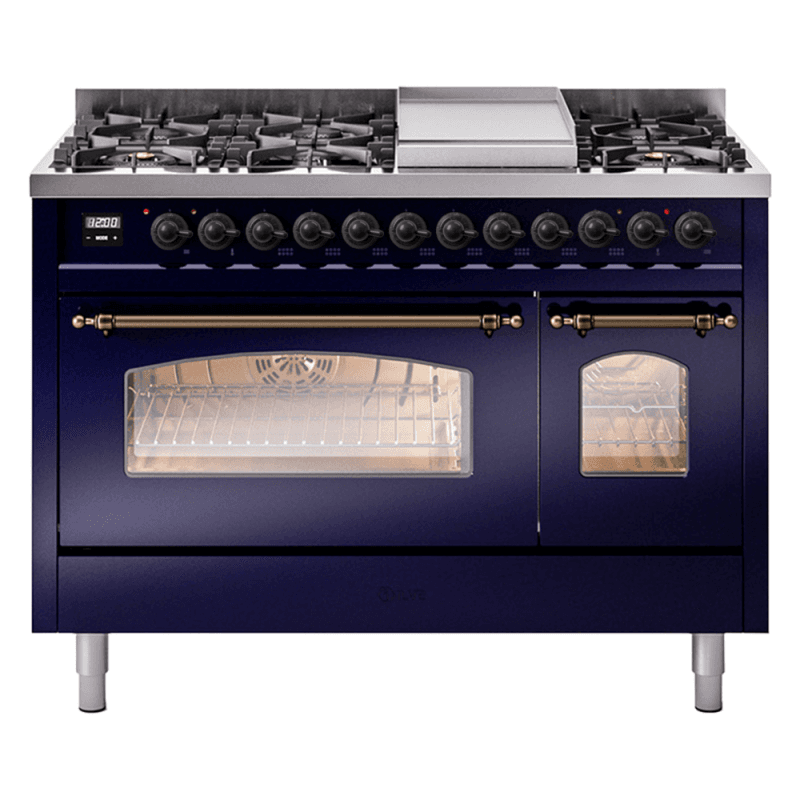 Nostalgie II 48 UP48FNMPMBB Freestanding Dual Fuel Range with 8 Sealed Burners with Griddle Double Oven with Triple Glass Door with Bronze knobs