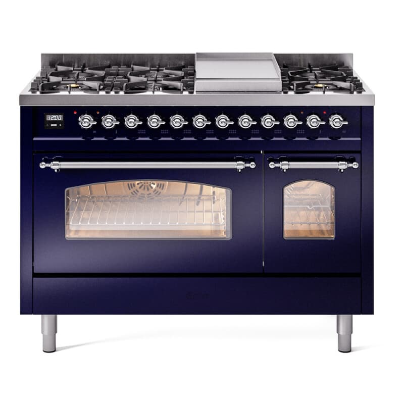 Nostalgie II 48 UP48FNMPMBC Freestanding Dual Fuel Range with 8 Sealed Burners with Griddle Double Oven with Triple Glass Door with Chrome knobs