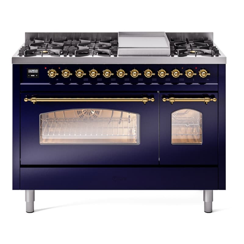Nostalgie II 48 UP48FNMPMBG Freestanding Dual Fuel Range with 8 Sealed Burners with Griddle Double Oven with Triple Glass Door with Brass knobs