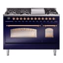 Nostalgie II 48 UP48FNMPMBP Freestanding Dual Fuel Range with 8 Sealed Burners with Griddle Double Oven with Triple Glass Door with Copper knobs view 1