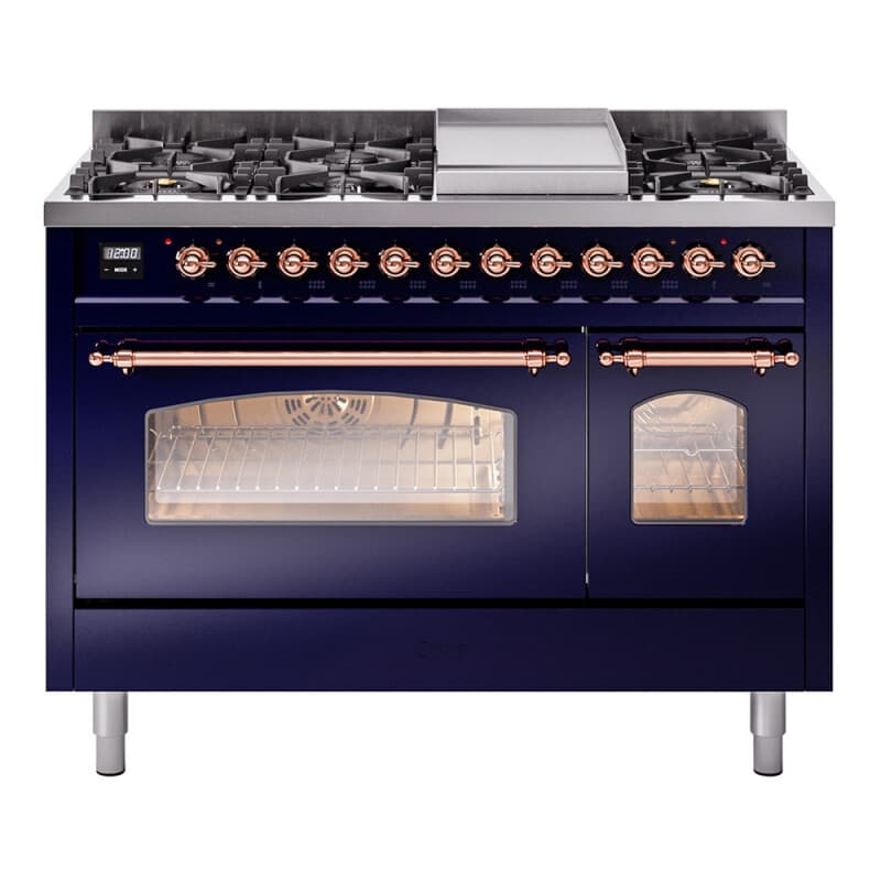 Nostalgie II 48 UP48FNMPMBP Freestanding Dual Fuel Range with 8 Sealed Burners with Griddle Double Oven with Triple Glass Door with Copper knobs