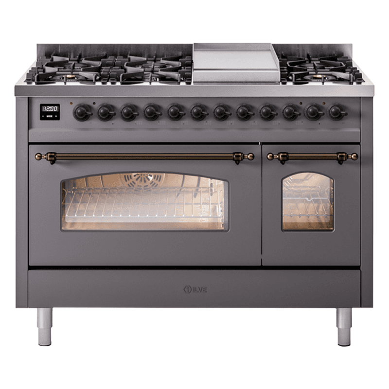 Nostalgie II 48 UP48FNMPMGB Freestanding Dual Fuel Range with 8 Sealed Burners with Griddle Double Oven with Triple Glass Door with Bronze knobs