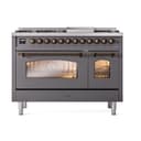 Nostalgie II 48 UP48FNMPMGB Freestanding Dual Fuel Range with 8 Sealed Burners with Griddle Double Oven with Triple Glass Door with Bronze knobs view 2