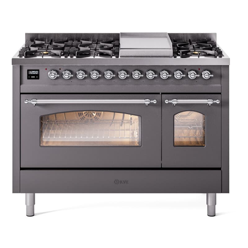 Nostalgie II 48 UP48FNMPMGC Freestanding Dual Fuel Range with 8 Sealed Burners with Griddle Double Oven with Triple Glass Door with Chrome knobs