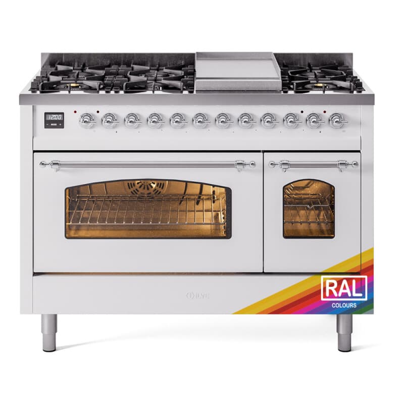 Nostalgie II 48 UP48FNMPRAC Freestanding Dual Fuel Range with 8 Sealed Burners with Griddle Double Oven with Triple Glass Door with Chrome knobs