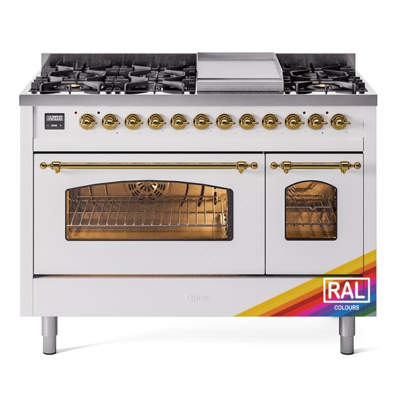 Nostalgie II 48 UP48FNMPRAG Freestanding Dual Fuel Range with 8 Sealed Burners with Griddle Double Oven with Triple Glass Door with Brass knobs