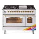 Nostalgie II 48 UP48FNMPRAG Freestanding Dual Fuel Range with 8 Sealed Burners with Griddle Double Oven with Triple Glass Door with Brass knobs view 1
