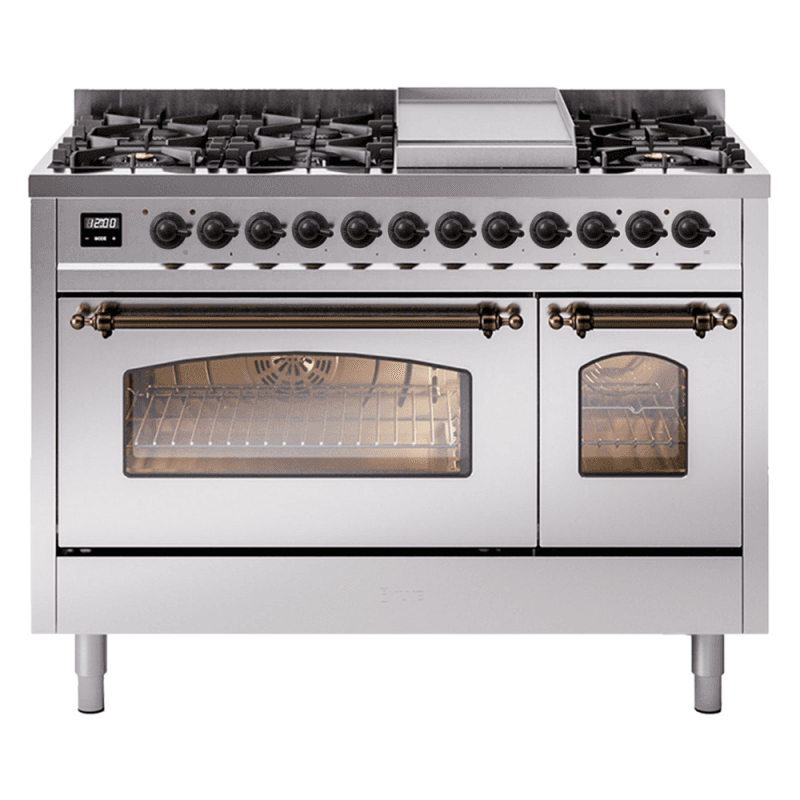 Nostalgie II 48 UP48FNMPSSB Freestanding Dual Fuel Range with 8 Sealed Burners with Griddle Double Oven with Triple Glass Door with Bronze knobs