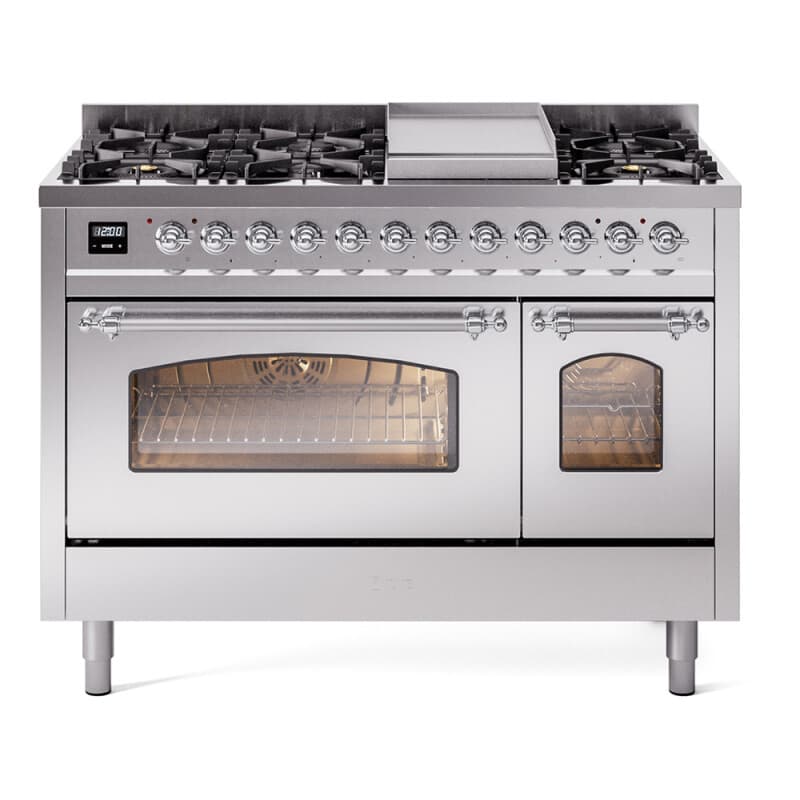 Nostalgie II 48 UP48FNMPSSC Freestanding Dual Fuel Range with 8 Sealed Burners with Griddle Double Oven with Triple Glass Door with Chrome knobs