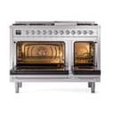Nostalgie II 48 UP48FNMPSSC Freestanding Dual Fuel Range with 8 Sealed Burners with Griddle Double Oven with Triple Glass Door with Chrome knobs view 3