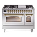 Nostalgie II 48 UP48FNMPSSG Freestanding Dual Fuel Range with 8 Sealed Burners with Griddle Double Oven with Triple Glass Door with Brass knobs view 1