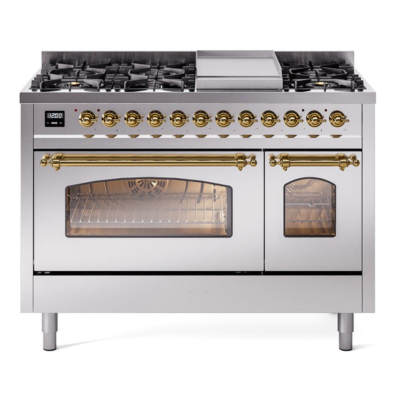 Nostalgie II 48 UP48FNMPSSG Freestanding Dual Fuel Range with 8 Sealed Burners with Griddle Double Oven with Triple Glass Door with Brass knobs