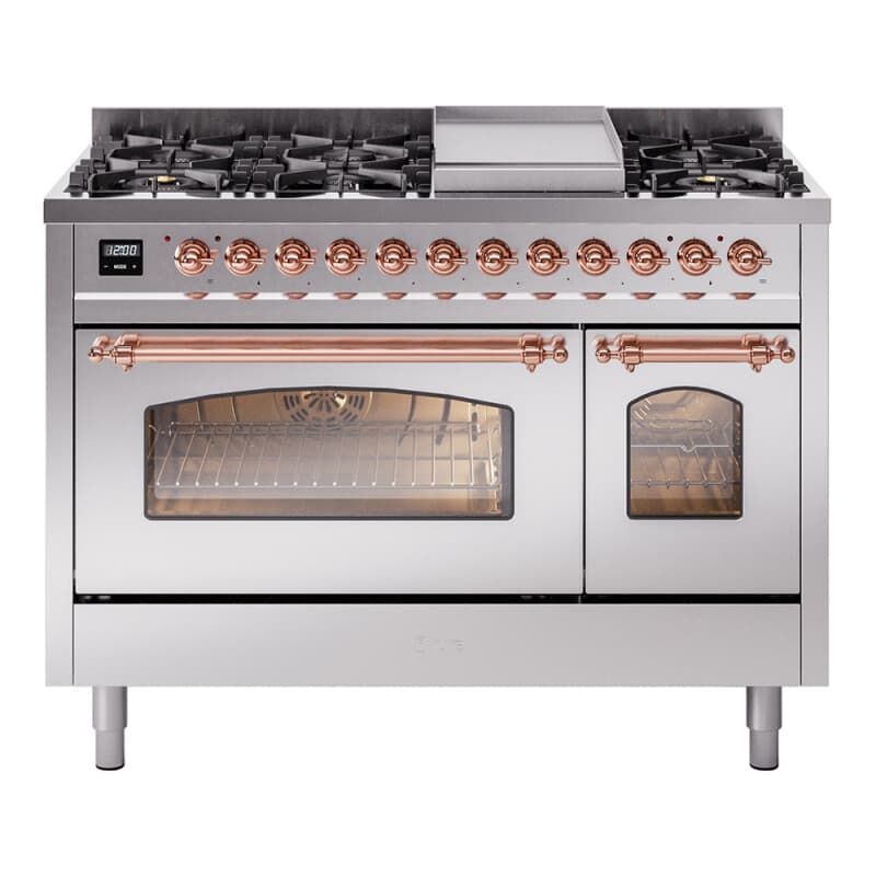 Nostalgie II 48 UP48FNMPSSP Freestanding Dual Fuel Range with 8 Sealed Burners with Griddle Double Oven with Triple Glass Door with Copper knobs