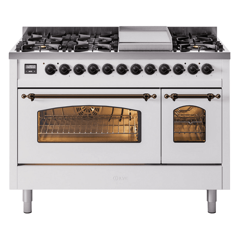 Nostalgie II 48 UP48FNMPWHB Freestanding Dual Fuel Range with 8 Sealed Burners with Griddle Double Oven with Triple Glass Door with Bronze knobs