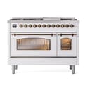 Nostalgie II 48 UP48FNMPWHB Freestanding Dual Fuel Range with 8 Sealed Burners with Griddle Double Oven with Triple Glass Door with Bronze knobs view 2