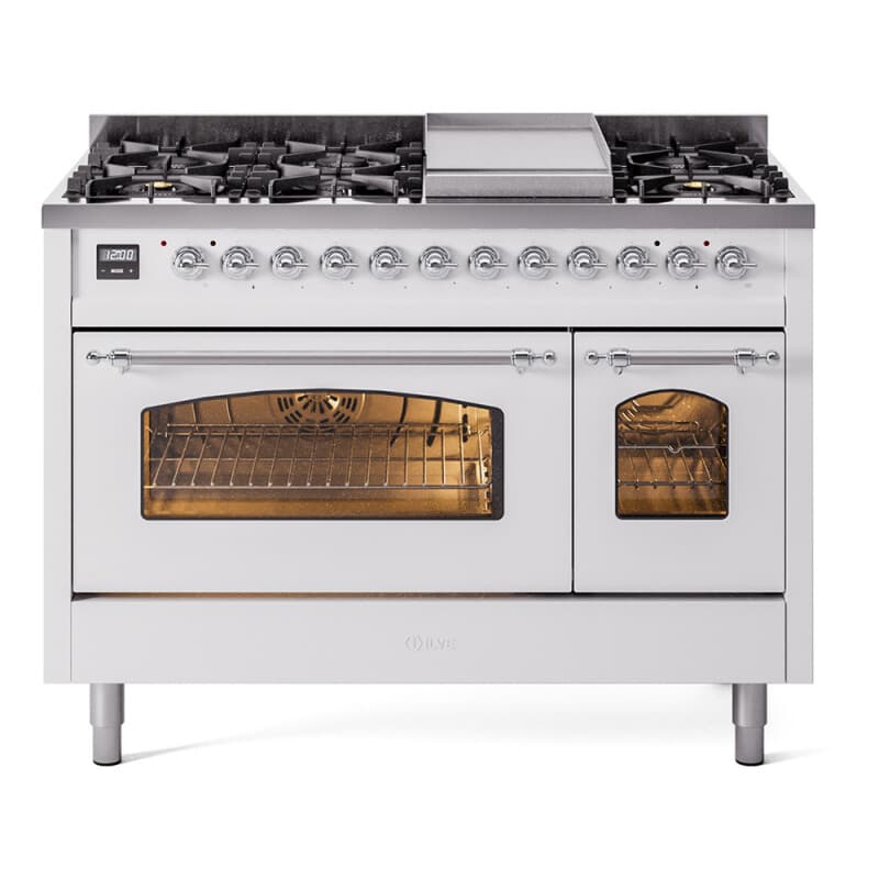 Nostalgie II 48 UP48FNMPWHC Freestanding Dual Fuel Range with 8 Sealed Burners with Griddle Double Oven with Triple Glass Door with Chrome knobs