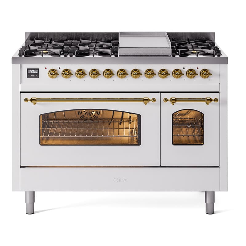 Nostalgie II 48 UP48FNMPWHG Freestanding Dual Fuel Range with 8 Sealed Burners with Griddle Double Oven with Triple Glass Door with Brass knobs