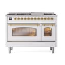 Nostalgie II 48 UP48FNMPWHG Freestanding Dual Fuel Range with 8 Sealed Burners with Griddle Double Oven with Triple Glass Door with Brass knobs view 2