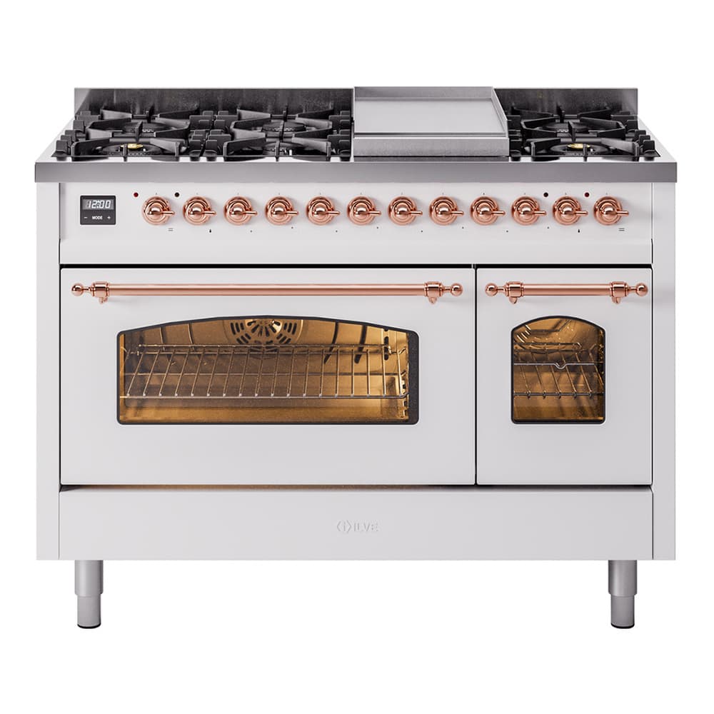 Nostalgie II 48 UP48FNMPWHP Freestanding Dual Fuel Range with 8 Sealed Burners with Griddle Double Oven with Triple Glass Door with Copper knobs