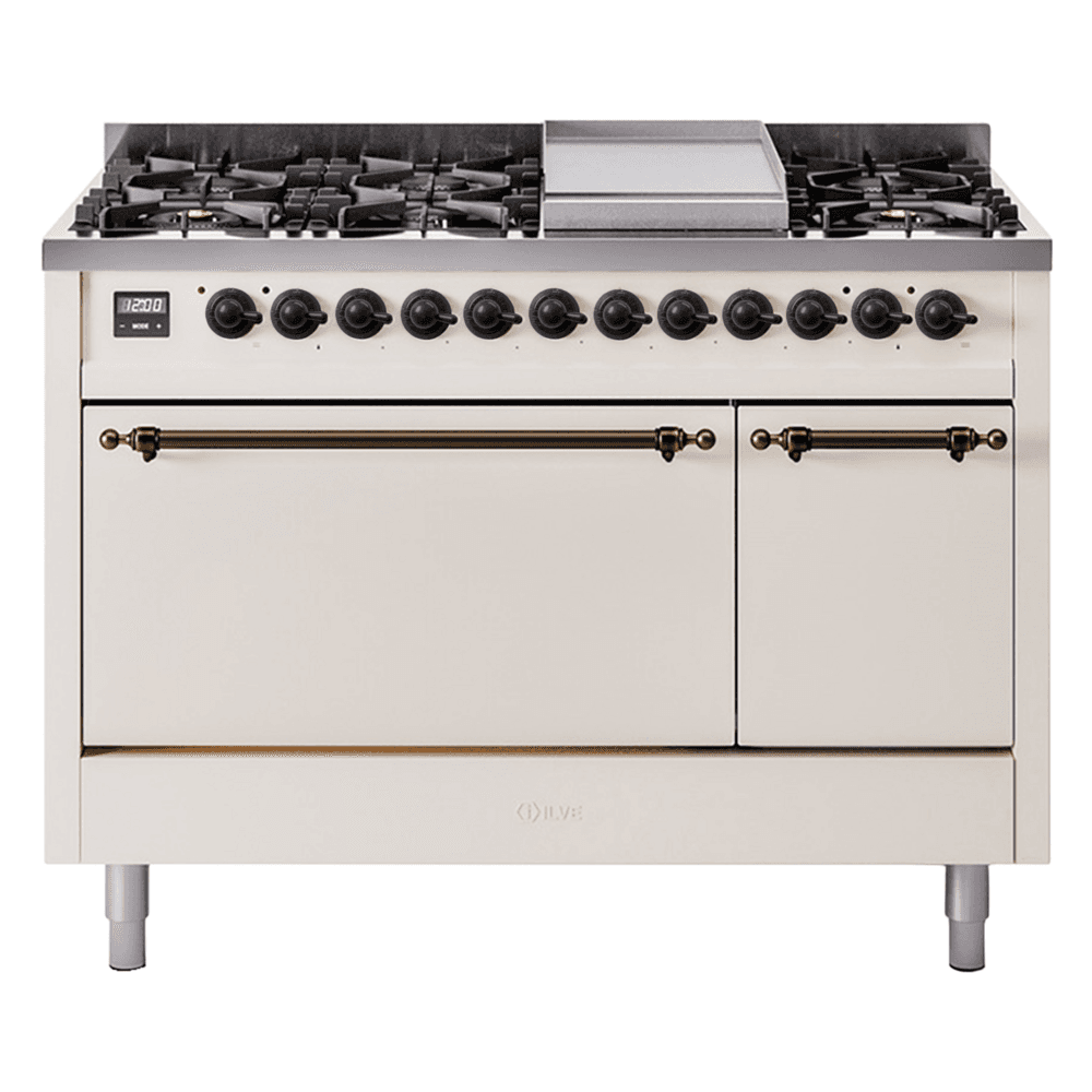 Nostalgie II 48 UP48FQNMPAWB Freestanding Dual Fuel Range with 8 Sealed Burners with Griddle Double Oven with Solid Door with Bronze knobs