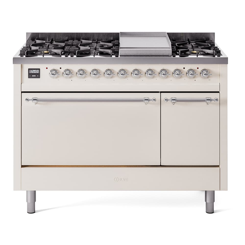 Nostalgie II 48 UP48FQNMPAWC Freestanding Dual Fuel Range with 8 Sealed Burners with Griddle Double Oven with Solid Door with Chrome knobs