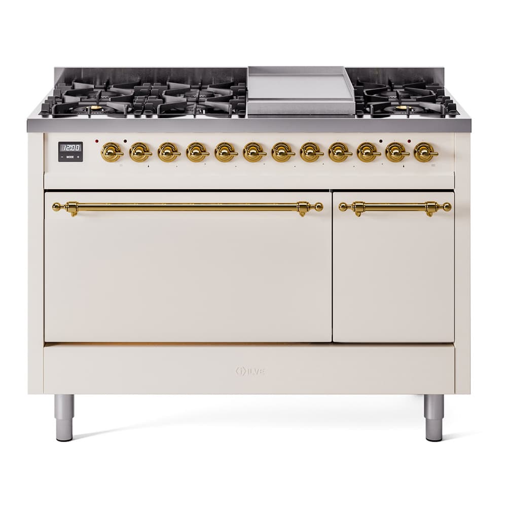 Nostalgie II 48 UP48FQNMPAWG Freestanding Dual Fuel Range with 8 Sealed Burners with Griddle Double Oven with Solid Door with Brass knobs