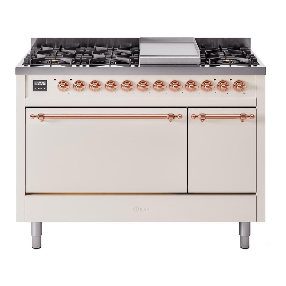 Nostalgie II 48 UP48FQNMPAWP Freestanding Dual Fuel Range with 8 Sealed Burners with Griddle Double Oven with Solid Door with Copper knobs