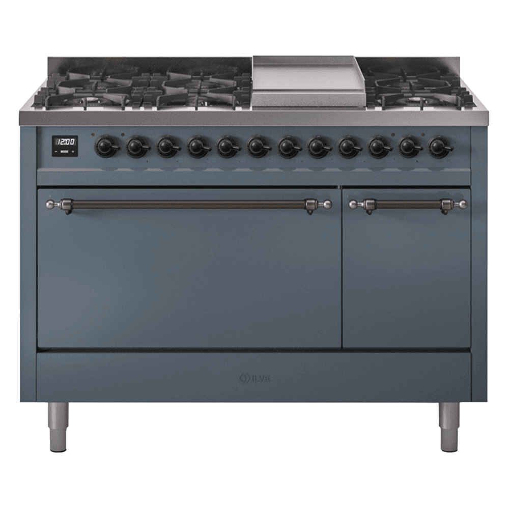 Nostalgie II 48 UP48FQNMPBGB Freestanding Dual Fuel Range with 8 Sealed Burners with Griddle Double Oven with Solid Door with Bronze knobs