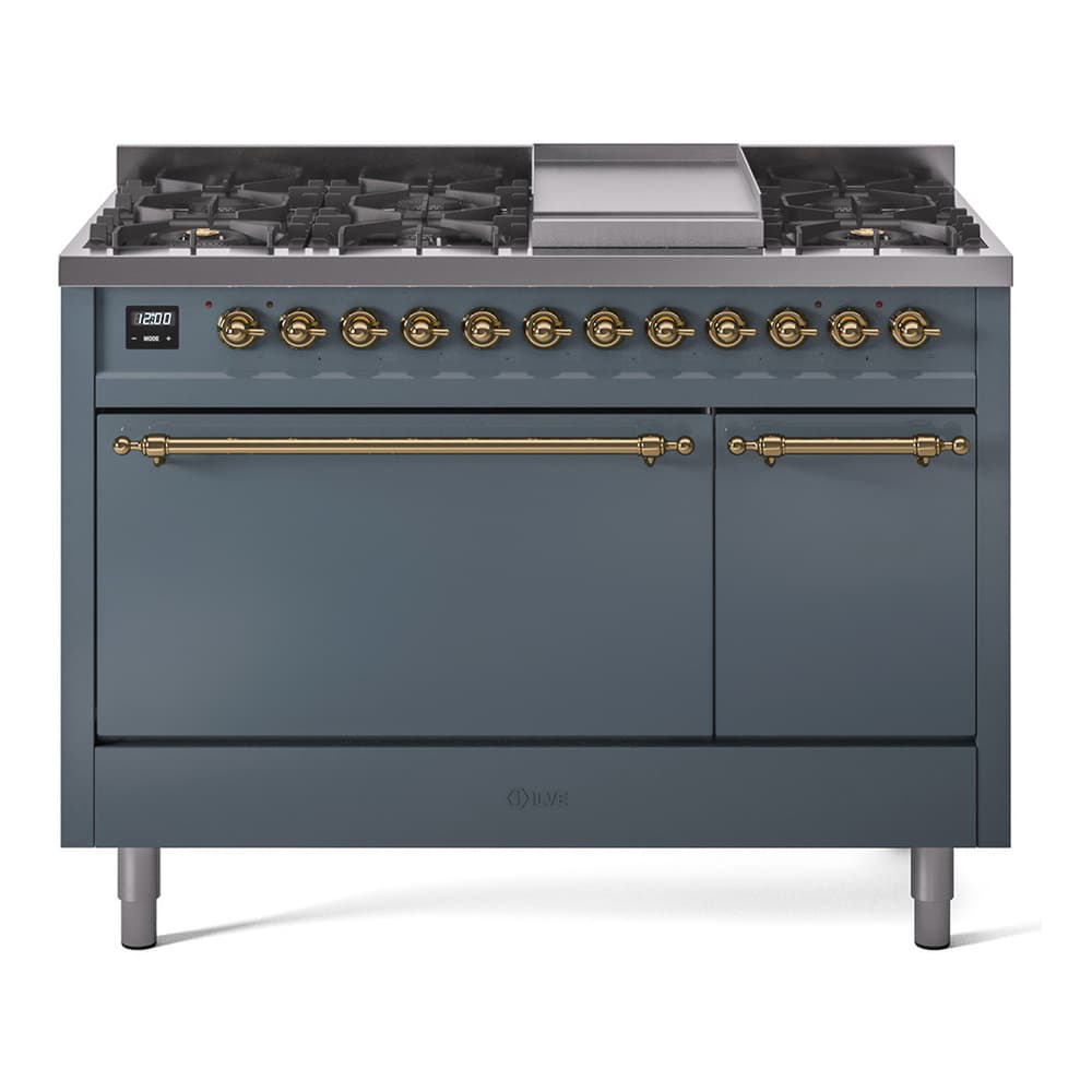 Nostalgie II 48 UP48FQNMPBGG Freestanding Dual Fuel Range with 8 Sealed Burners with Griddle Double Oven with Solid Door with Brass knobs