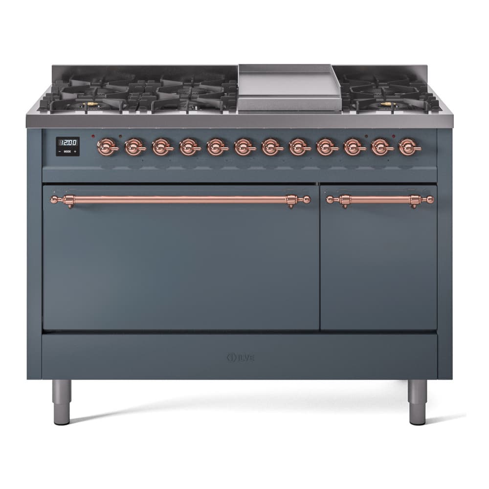 Nostalgie II 48 UP48FQNMPBGP Freestanding Dual Fuel Range with 8 Sealed Burners with Griddle Double Oven with Solid Door with Copper knobs