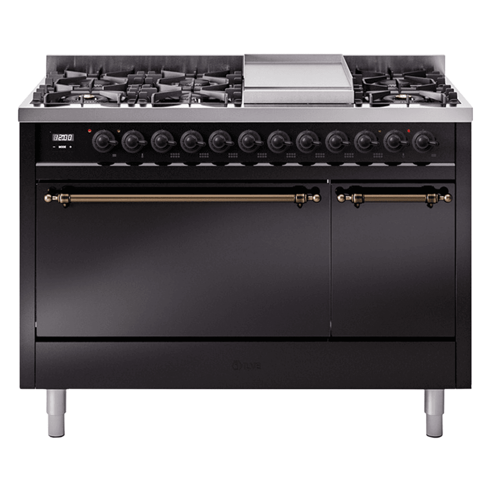 Nostalgie II 48 UP48FQNMPBKB Freestanding Dual Fuel Range with 8 Sealed Burners with Griddle Double Oven with Solid Door with Bronze knobs