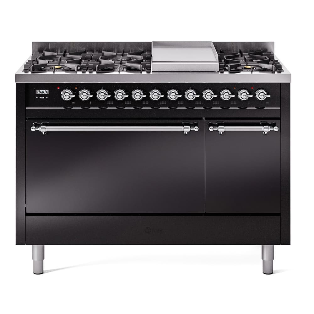 Nostalgie II 48 UP48FQNMPBKC Freestanding Dual Fuel Range with 8 Sealed Burners with Griddle Double Oven with Solid Door with Chrome knobs
