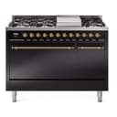 Nostalgie II 48 UP48FQNMPBKG Freestanding Dual Fuel Range with 8 Sealed Burners with Griddle Double Oven with Solid Door with Brass knobs view 1
