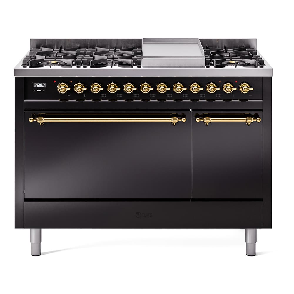 Nostalgie II 48 UP48FQNMPBKG Freestanding Dual Fuel Range with 8 Sealed Burners with Griddle Double Oven with Solid Door with Brass knobs