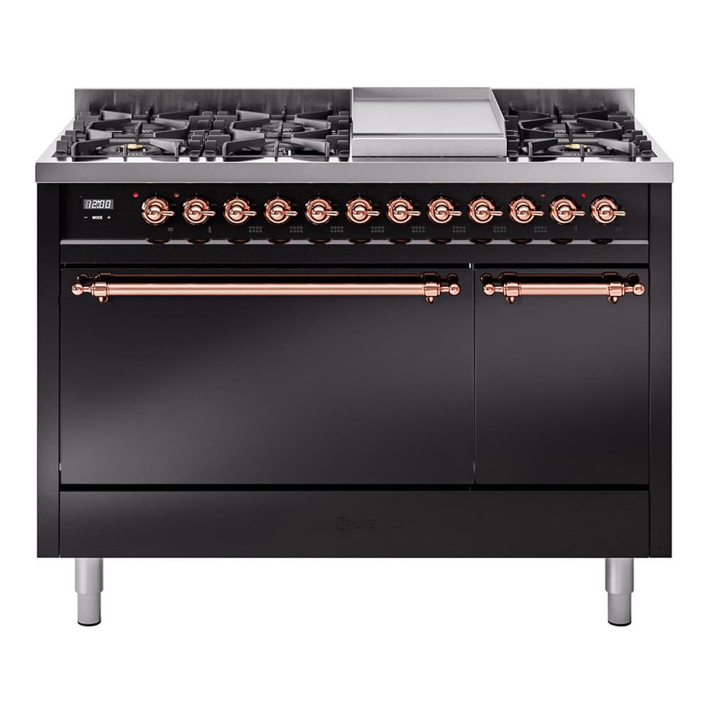 Nostalgie II 48 UP48FQNMPBKP Freestanding Dual Fuel Range with 8 Sealed Burners with Griddle Double Oven with Solid Door with Copper knobs