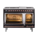 Nostalgie II 48 UP48FQNMPBKP Freestanding Dual Fuel Range with 8 Sealed Burners with Griddle Double Oven with Solid Door with Copper knobs view 2