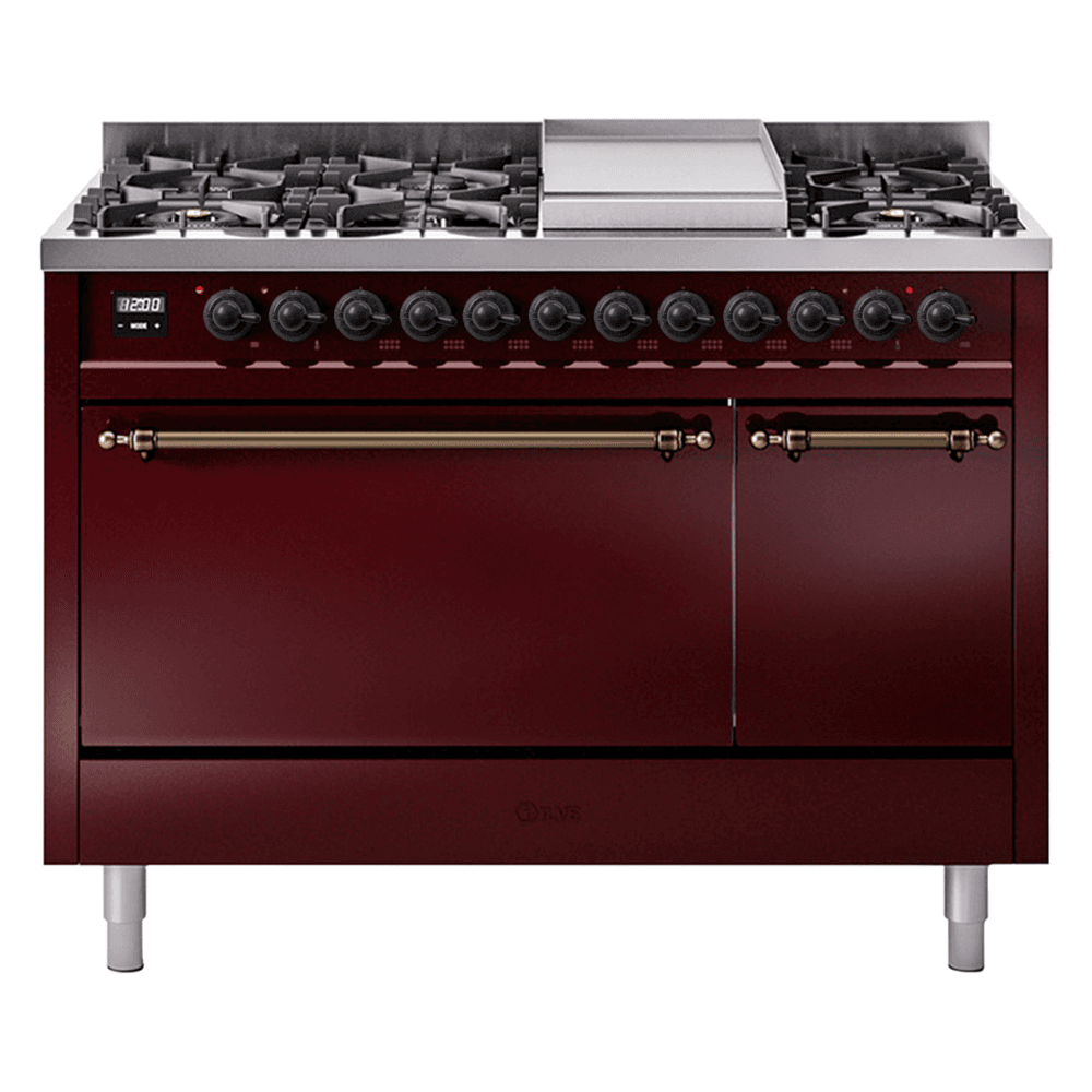 Nostalgie II 48 UP48FQNMPBUB Freestanding Dual Fuel Range with 8 Sealed Burners with Griddle Double Oven with Solid Door with Bronze knobs