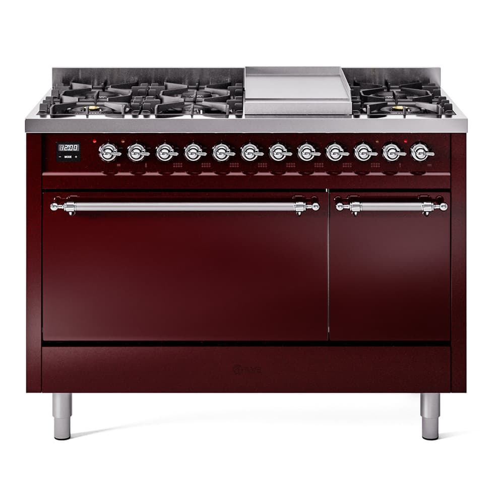 Nostalgie II 48 UP48FQNMPBUC Freestanding Dual Fuel Range with 8 Sealed Burners with Griddle Double Oven with Solid Door with Chrome knobs