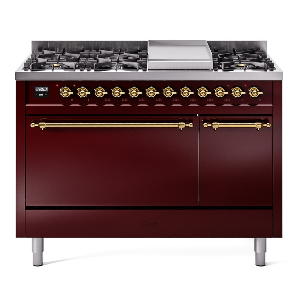Nostalgie II 48 UP48FQNMPBUG Freestanding Dual Fuel Range with 8 Sealed Burners with Griddle Double Oven with Solid Door with Brass knobs