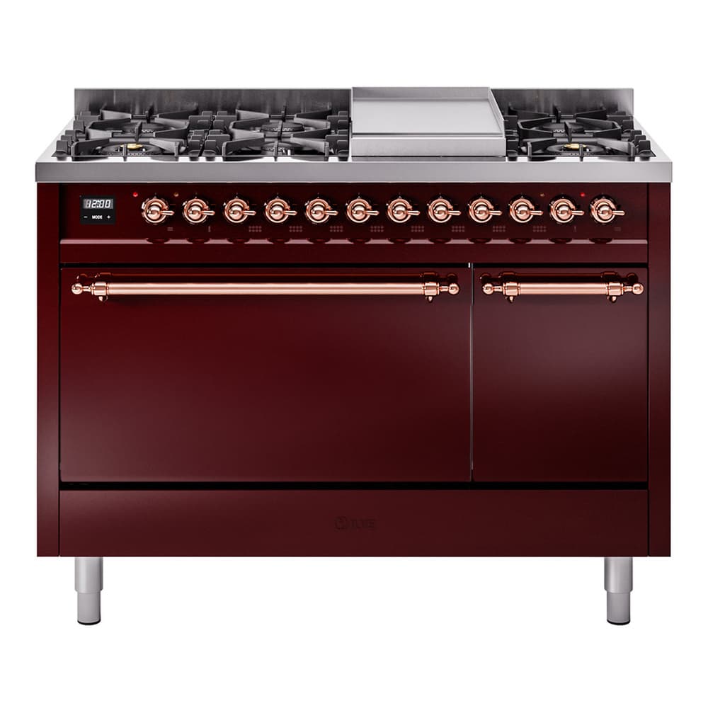 Nostalgie II 48 UP48FQNMPBUP Freestanding Dual Fuel Range with 8 Sealed Burners with Griddle Double Oven with Solid Door with Copper knobs