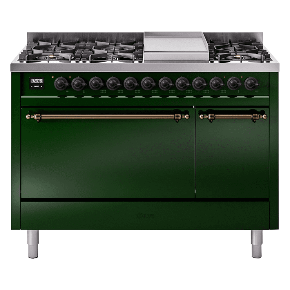 Nostalgie II 48 UP48FQNMPEGB Freestanding Dual Fuel Range with 8 Sealed Burners with Griddle Double Oven with Solid Door with Bronze knobs