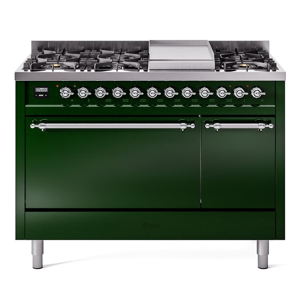 Nostalgie II 48 UP48FQNMPEGC Freestanding Dual Fuel Range with 8 Sealed Burners with Griddle Double Oven with Solid Door with Chrome knobs