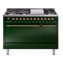 Nostalgie II 48 UP48FQNMPEGG Freestanding Dual Fuel Range with 8 Sealed Burners with Griddle Double Oven with Solid Door with Brass knobs view 1